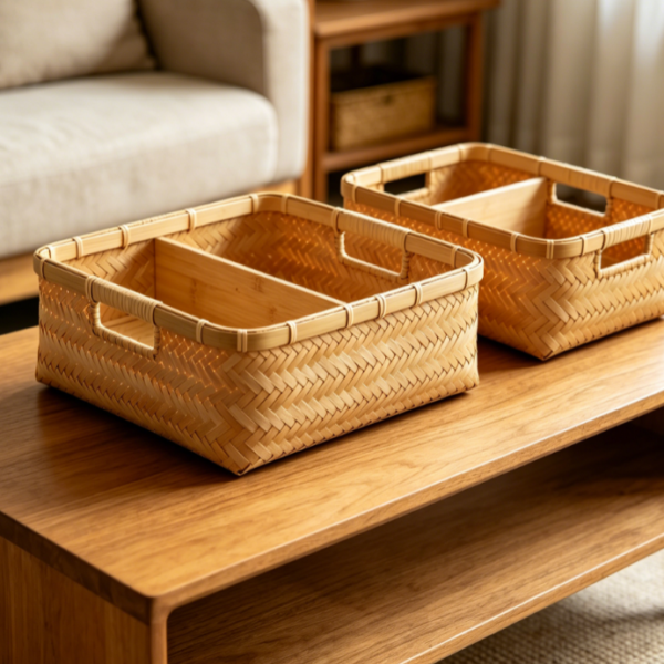 Bamboo Basket Tray for Coffee Table Organization