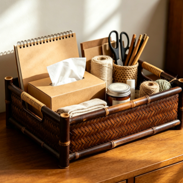 This deep bamboo storage basket provides extra vertical space for taller or bulkier items  Measuring approximately 26 x 18 x 16 cm (10 2 x 7 1 x 6 3 in), it is suitable for storing notebooks, tissue boxes, folded cloths, jars, hand creams, office tools, and craft supplies  The deeper profile makes it especially useful for keeping larger everyday items contained while adding a warm woven texture to desks, cabinets, and shelving units 