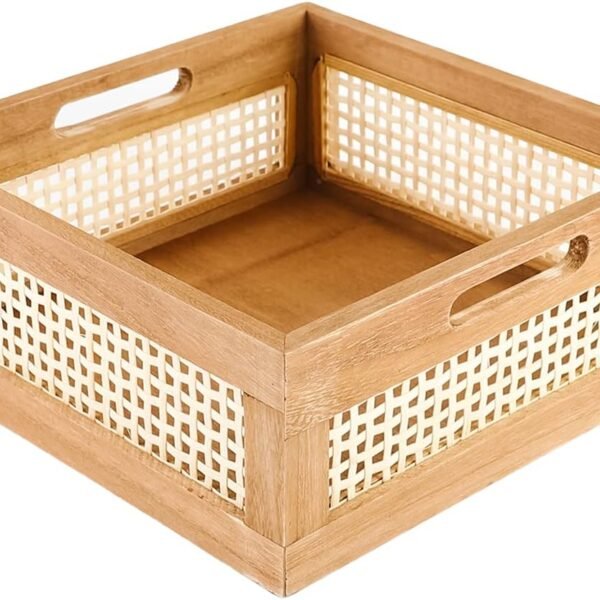 Woven Wooden Basket Wood Storage Crate Box, Decorative Rustic Basket Bamboo Basket with Built In Handles for Kitchen Pantry, Cabinet, Office, Bedroom, Rustic Country Decor (Brown)