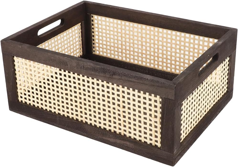 Bamboo Storage Basket, Wicker Storage Basket for Organizing, Wood Crate (Brown Large)