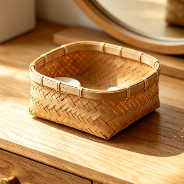 Small Bamboo Basket for Cosmetic and Vanity Storage
