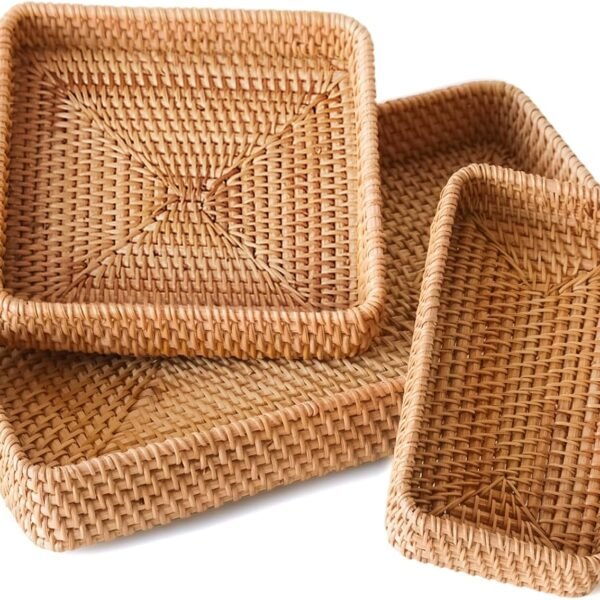 Rattan Serving Tray, Rectangle Basket Set of 3, Wicker Storage and Organizing Baskets, Natural Decorative Woven Tray for Home Decor, Bathroom, Kitchen Counter