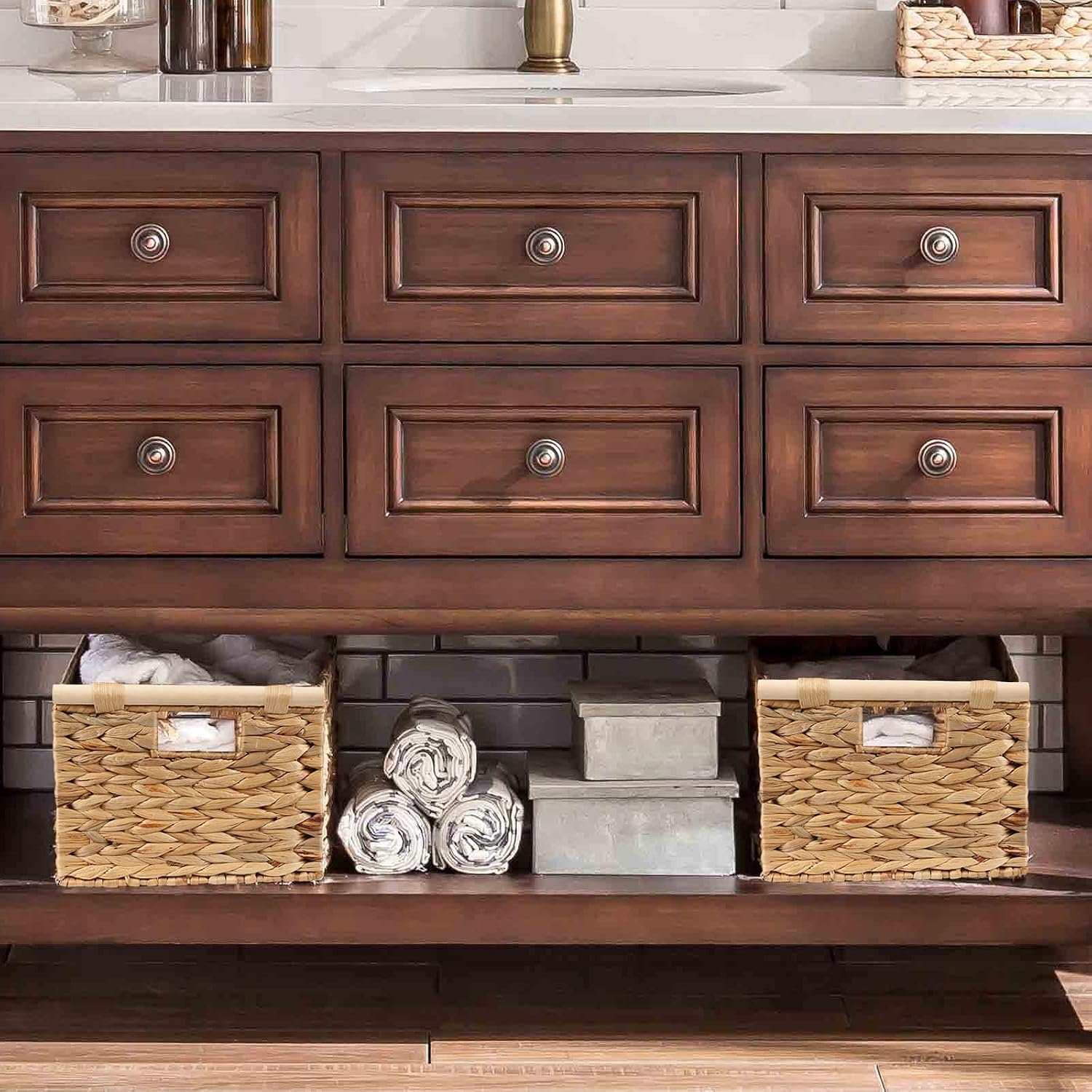 Large Rectangular Wicker Basket With Built in Wooden Handles, Water Hyacinth Woven Basket for Organizing, Utility Shelves, Towel Storage Basket Image 2