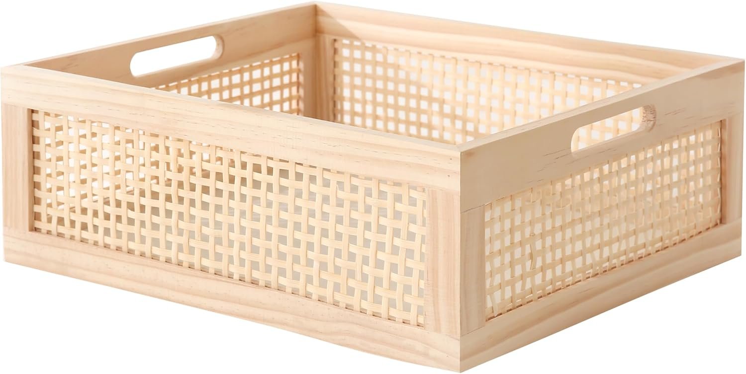 Rectangular Wood Storage Basket, Natural Pine and Bamboo – Fits 13’’ Cabinets, Eco Friendly Organizer for Home Décor
