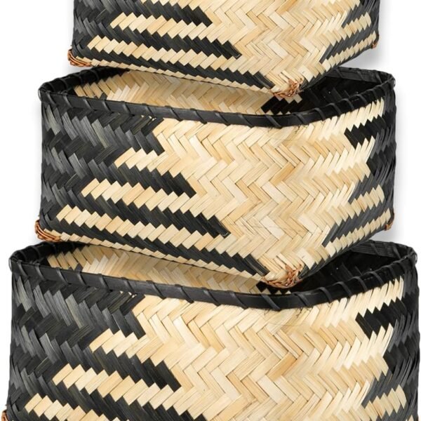 Woven Bamboo Storage Baskets, Set of 3 Black and Natural Pattern Bamboo Baskets for Storage, Organization Boho Basket, Farmhouse Basket Bins, Black Wicker Basket for Decor Living Room Pantry