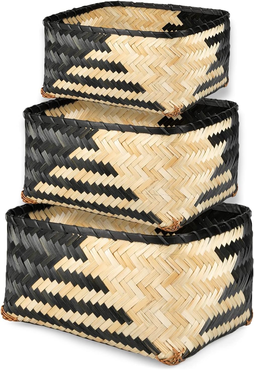 Woven Bamboo Storage Baskets, Set of 3 Black and Natural Pattern Bamboo Baskets for Storage, Organization Boho Basket, Farmhouse Basket Bins, Black Wicker Basket for Decor Living Room Pantry