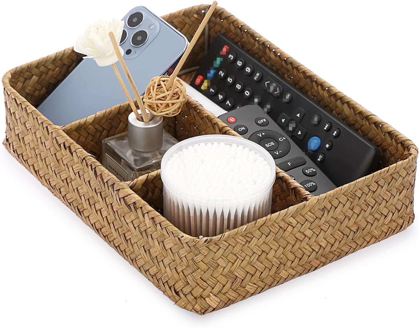 Desk Drawer Organizer Tray, Coffee Station Organizer Tea Bag Organizer, Woven Seagrass Storage Basket with 4 Divided Sections Handwoven Wicker Storage Basket for Shelves, Pantry, Coffee Bar Image 2