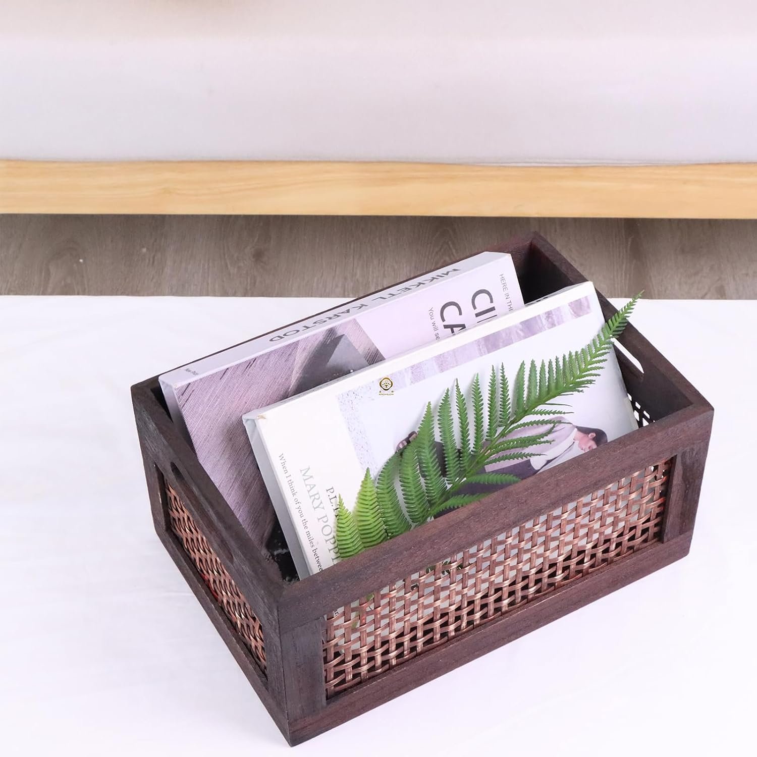 Wood Storage Basket Rectangle Wooden Storage Crate with Handles Decorative Container Box for Display Shelf, Kitchen, Pantry Organizer Decor (Reddish Brown) Image 2