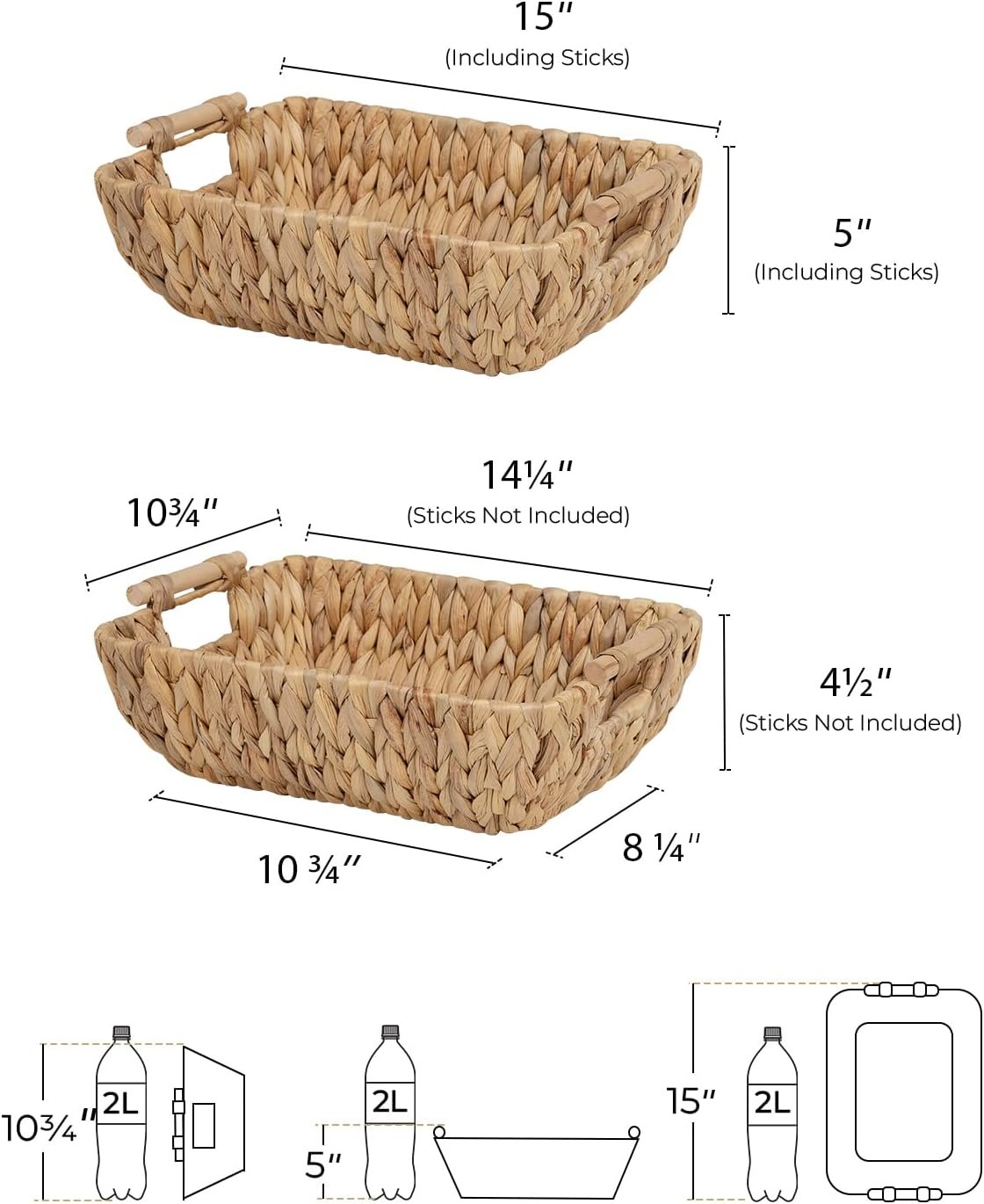 Hand Woven Large Storage Baskets with Wooden Handles, Water Hyacinth Wicker Baskets for Organizing, 2 Pack Image 2