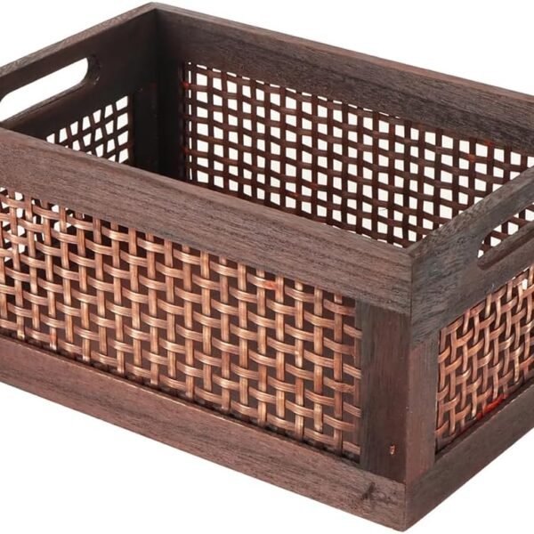 Wood Storage Basket Rectangle Wooden Storage Crate with Handles Decorative Container Box for Display Shelf, Kitchen, Pantry Organizer Decor (Reddish Brown)