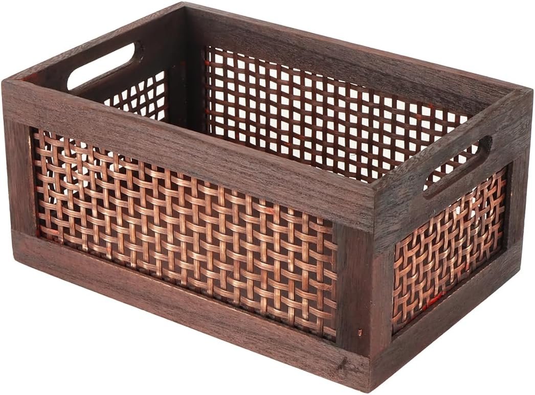 Wood Storage Basket Rectangle Wooden Storage Crate with Handles Decorative Container Box for Display Shelf, Kitchen, Pantry Organizer Decor (Reddish Brown)
