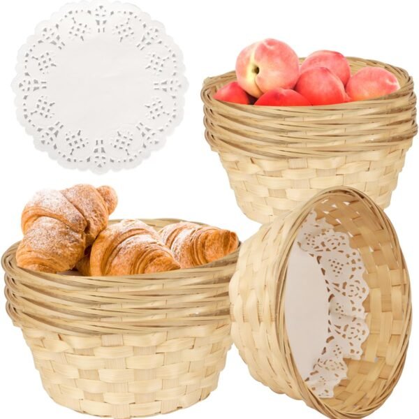 10 Pcs Round Bamboo Gift Basket,  7 9 x 7 9 x 3 5 Inch Woven Bread Baskets for Serving, Fruit and Food Serving Basket for Picnic Restaurant (Give Food Blotting Sheets)