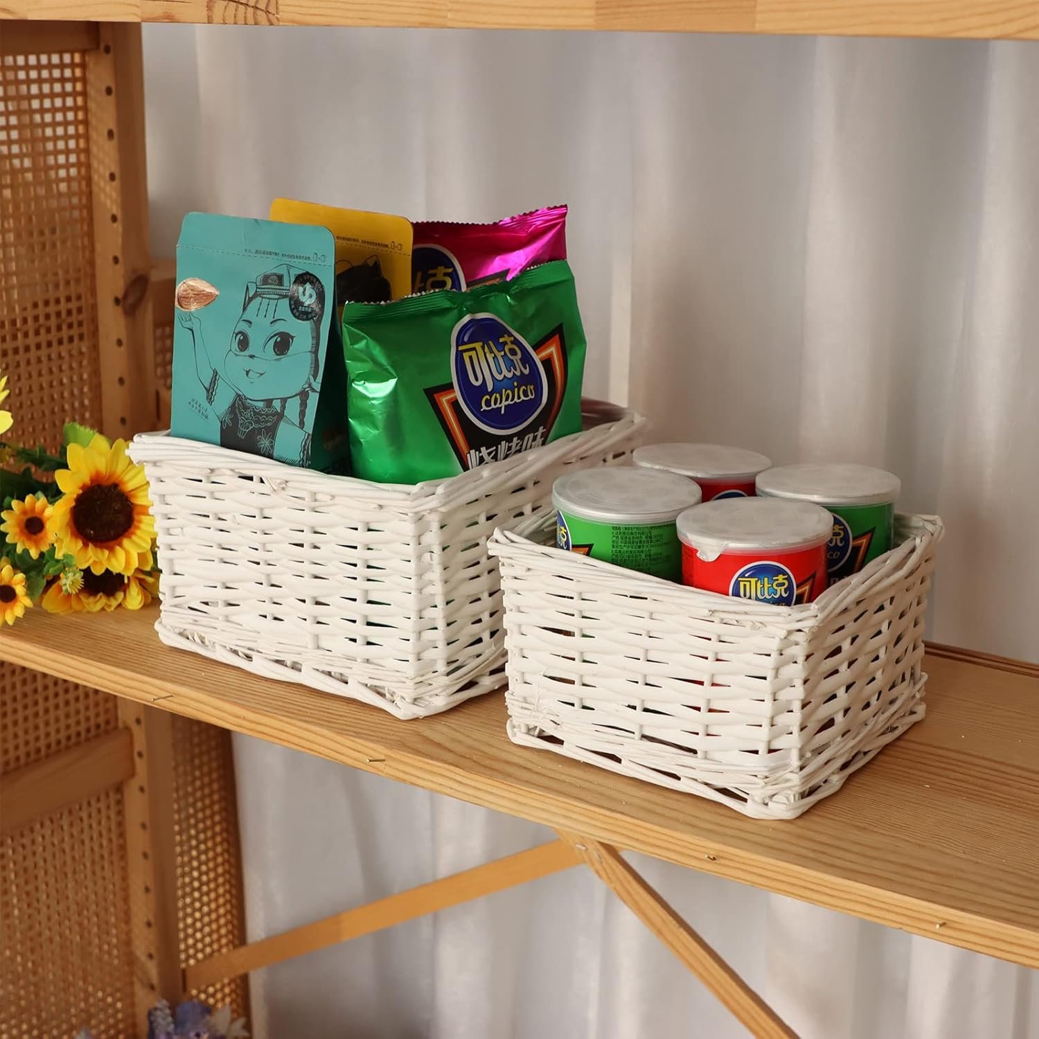 Woven Wicker Baskets for Storage Handwoven Wicker Storage Cubes Shelf Baskets for Organizing Decorative Storage Bins for Closet, Bedroom, Bathroom, Entryway, Office (White set of 2) Image 2