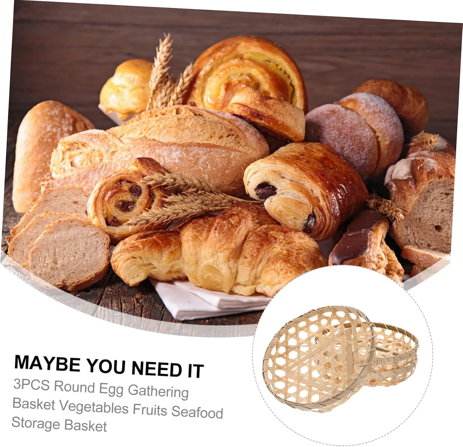 Elegant Round Basket for Eggs Vegetables Sturdy Bamboo Kitchen Storage 20cm Diameter Set of 3 Image 2