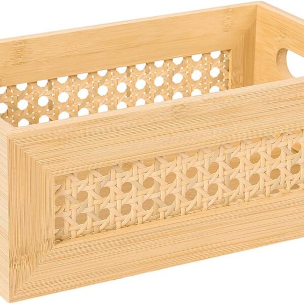 Rattan Storage Basket Handmade Natural Bamboo Woven Storage Bin with Wooden Frame & Handles Decorative Wicker Box for Rustic Farmhouse Boho Decor Home Office Tabletop Shelf Organizer, Small
