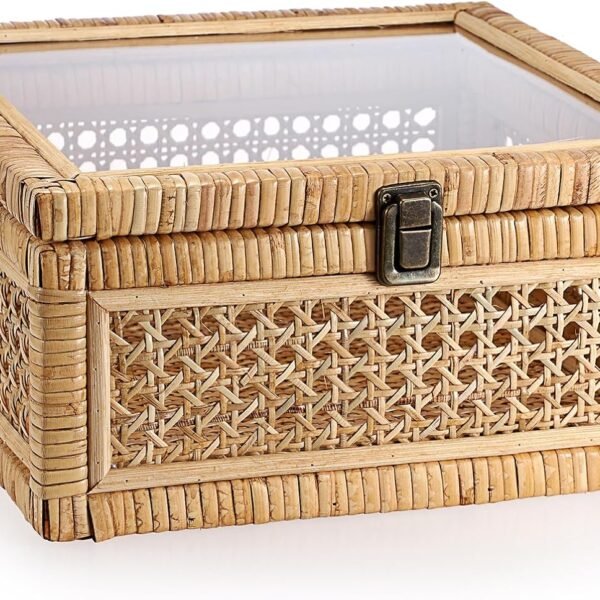 Rattan Decorative Box with Clear Lid and Lock   Large Wicker Storage Basket Bin Handwoven Natural Rattan Basket Organizer Wood and Cane Display Box for Shelf Home Decor,11"x11"x5 1"