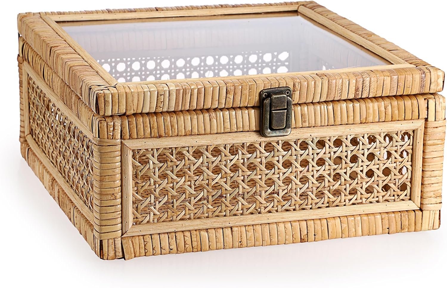 Rattan Decorative Box with Clear Lid and Lock Large Wicker Storage Basket Bin Handwoven Natural Rattan Basket Organizer Wood and Cane Display Box for Shelf Home Decor,11"x11"x5 1"
