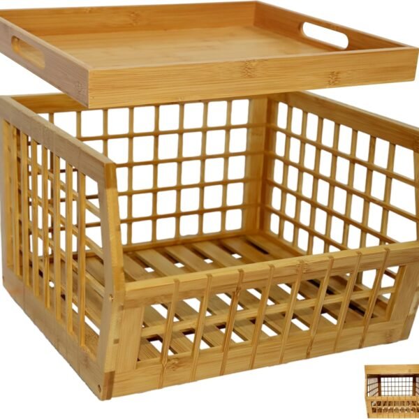 Bamboo Storage Bin Multipurpose, Stackable Open Front Storage Bin with Bamboo Serving Tray Lid for Kitchen & Pantry Stylish Lattice Design