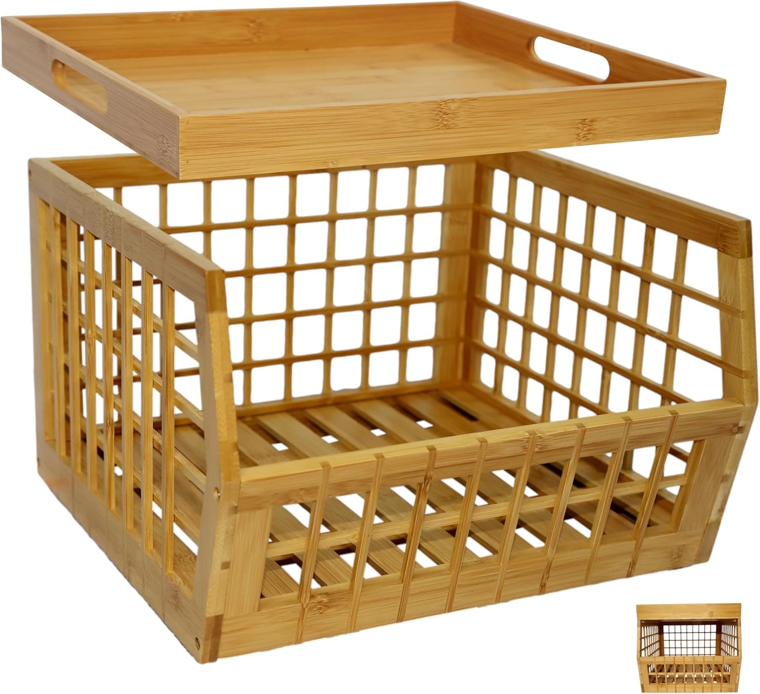 Bamboo Storage Bin Multipurpose, Stackable Open Front Storage Bin with Bamboo Serving Tray Lid for Kitchen & Pantry Stylish Lattice Design
