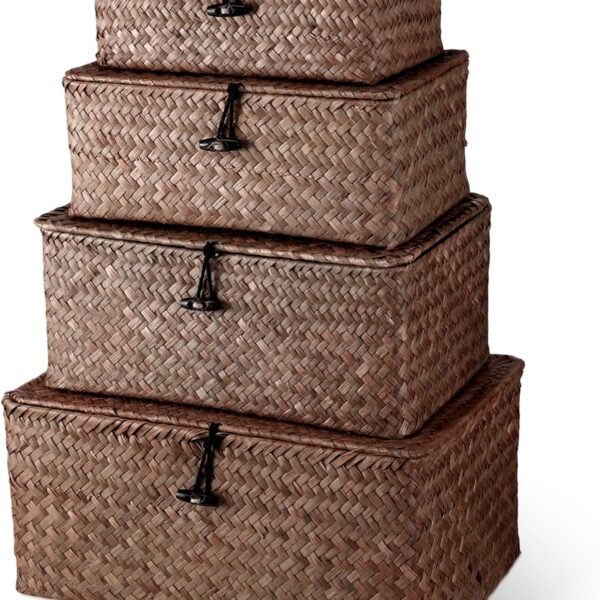 Set of 4 Wicker Storage Baskets Organizer，Handwoven Storage Bins with Lid for Organizing, Home Utility Box for Home Office Supplies Multipurpose Container(Coffee)