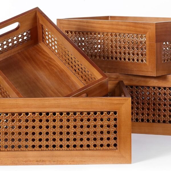 Wooden Storage Basket Set of 4 Handmade Rattan Drawer Storage Box with Frame & Handles Decorative Natural Bamboo Woven Bins Rustic Farmhouse Decor Home Office Tabletop Shelf Organizer