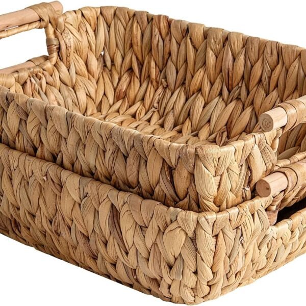 Hand Woven Large Storage Baskets with Wooden Handles, Water Hyacinth Wicker Baskets for Organizing, 2 Pack