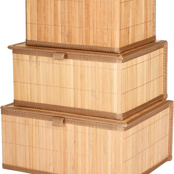 Bamboo Decorative Storage Boxes With Lids   Nesting Rectangular Lidded Box for Organization   Stackable Basket with Cloth Liner   Organizer for Toys, Home, Office   Woven Basket   Set of 3