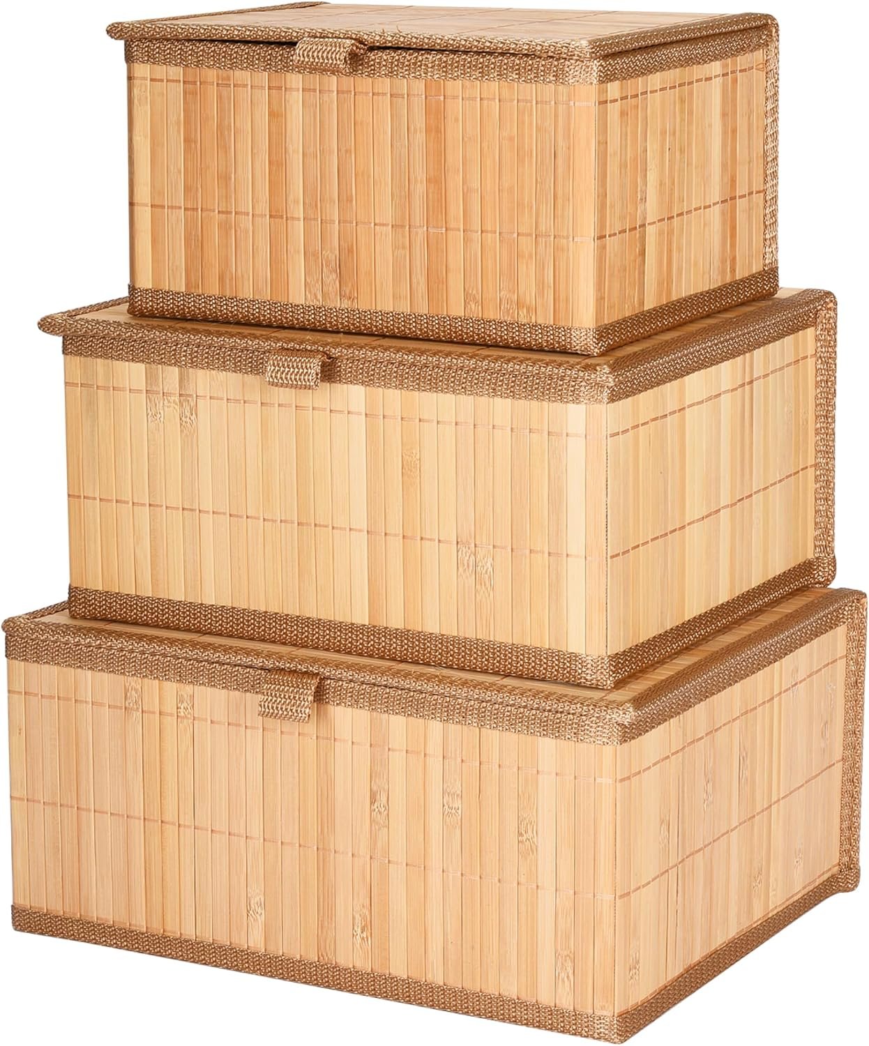Bamboo Decorative Storage Boxes With Lids Nesting Rectangular Lidded Box for Organization Stackable Basket with Cloth Liner Organizer for Toys, Home, Office Woven Basket Set of 3