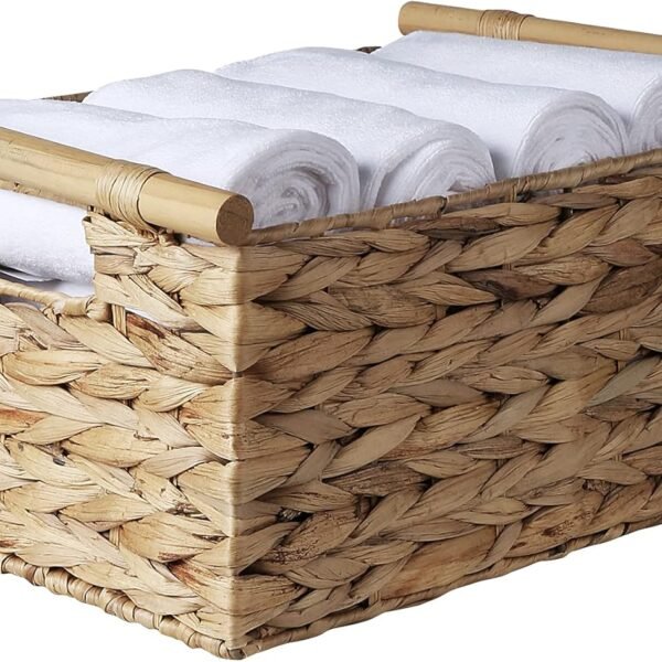 Large Rectangular Wicker Basket With Built in Wooden Handles, Water Hyacinth Woven Basket for Organizing, Utility Shelves, Towel Storage Basket