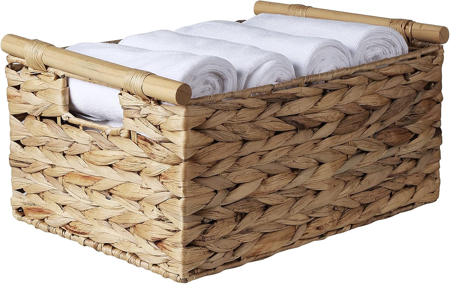 Large Rectangular Wicker Basket With Built in Wooden Handles, Water Hyacinth Woven Basket for Organizing, Utility Shelves, Towel Storage Basket