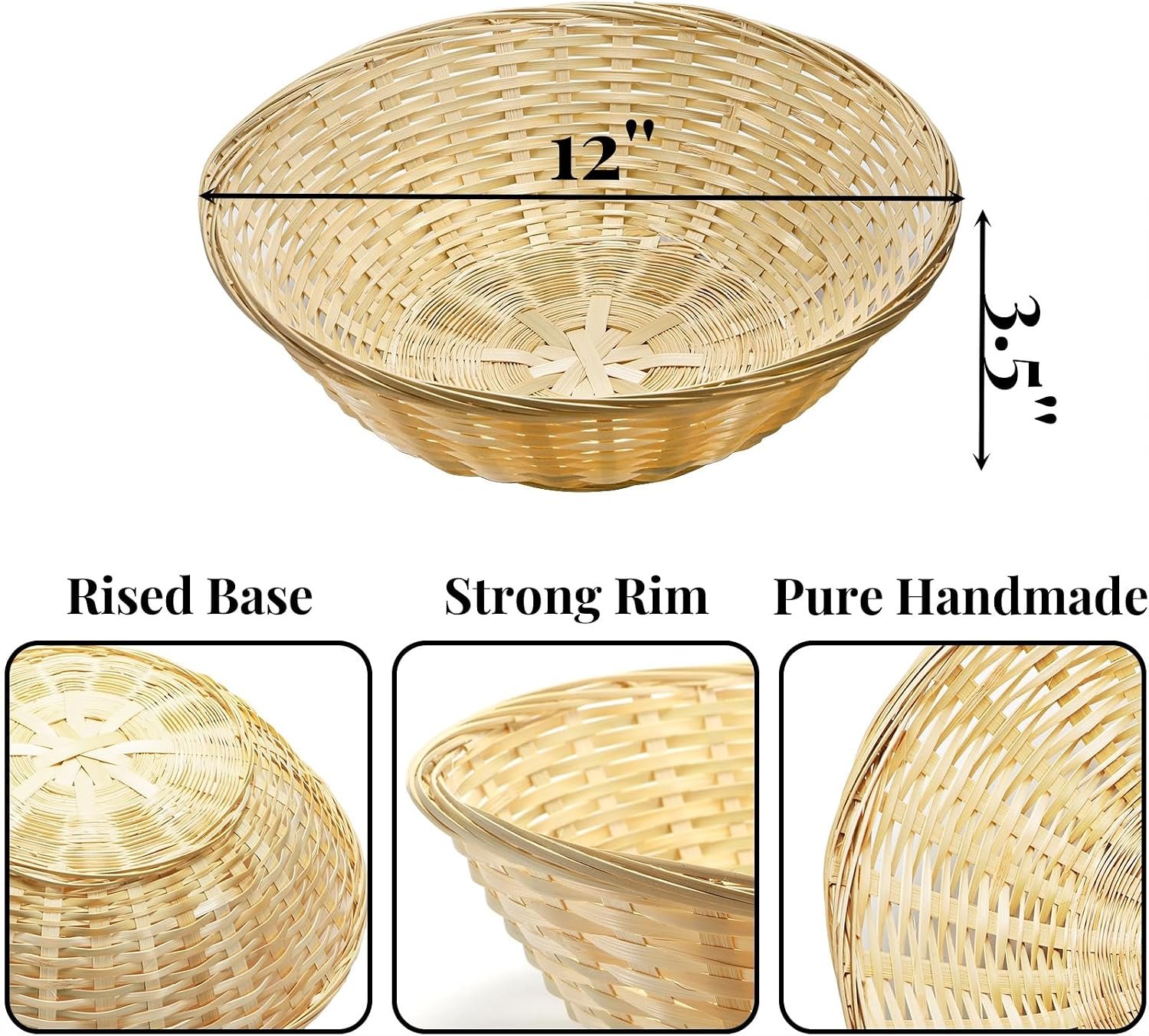 6 Pack Bamboo Bread Basket, 12 Inch Round Gift Baskets, Natural Bamboo Woven Wicker Berry Fruit Basket Food Storage Bin for Picnic Kitchen Restaurant Image 2