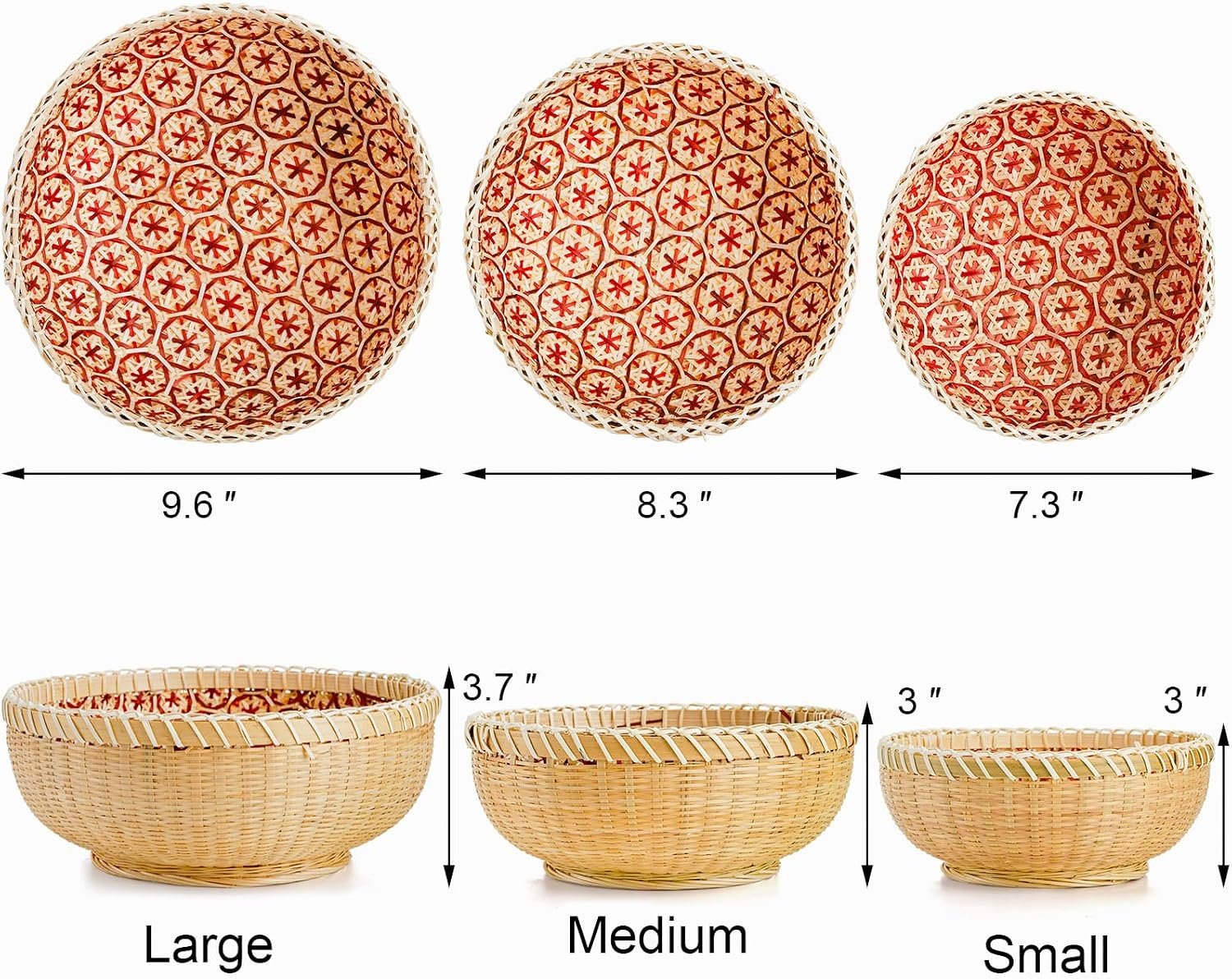 Set of 3 Wicker Woven Storage Basket, Bamboo Bread Basket Round Rattan Serving Basket Farmhouse Decor for Fruits, Vegetables, Potatoes, Stackable 9 6"/8"/7" Image 2