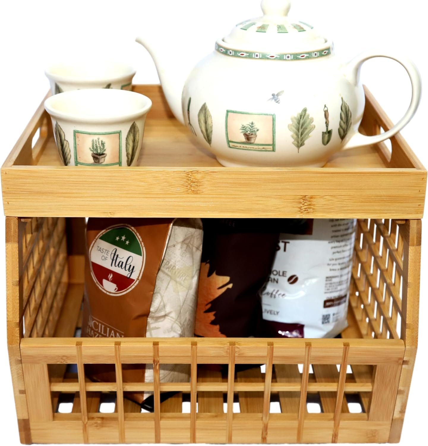 Bamboo Storage Bin Multipurpose, Stackable Open Front Storage Bin with Bamboo Serving Tray Lid for Kitchen & Pantry Stylish Lattice Design Image 2