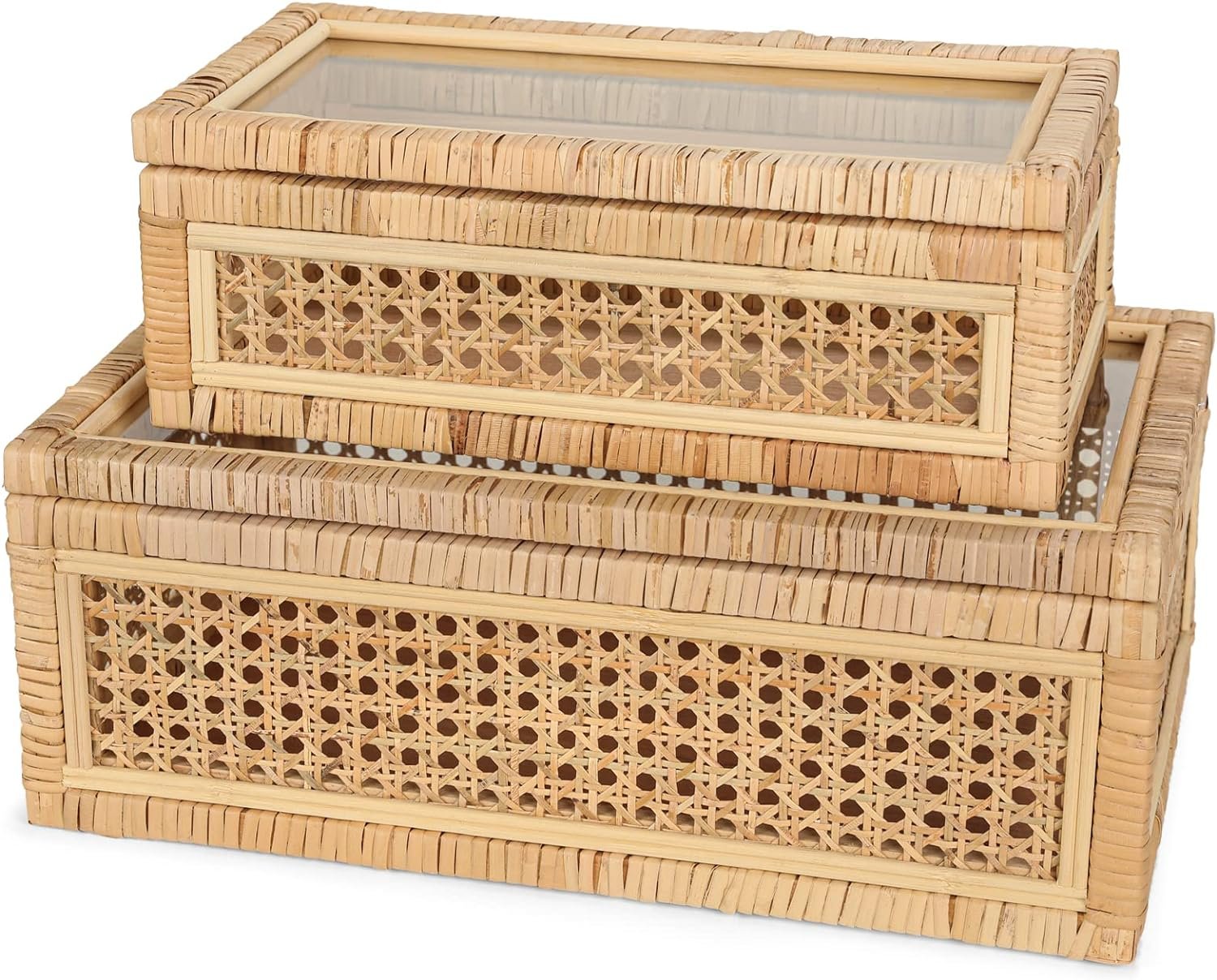 Handwoven Boho Rattan Display Boxes with Glass Lids Set of 2 Rectangular Decorative Storage Bins Natural Woven Cane Home Decor Organizers