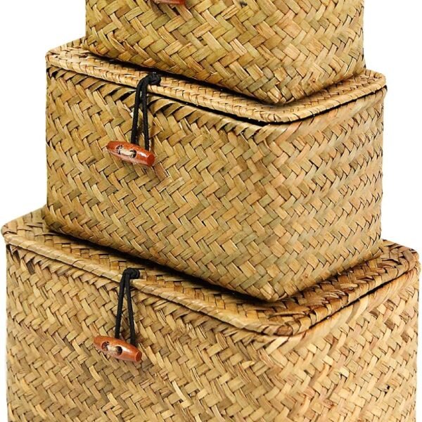 Shelf Baskets with Lid Set of 3 Handwoven Seagrass Storage Box Wicker Basket Desktop Makeup Organizer Multipurpose Container