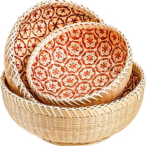 Set of 3 Wicker Woven Storage Basket, Bamboo Bread Basket Round Rattan Serving Basket Farmhouse Decor for Fruits, Vegetables, Potatoes, Stackable 9 6"/8"/7"