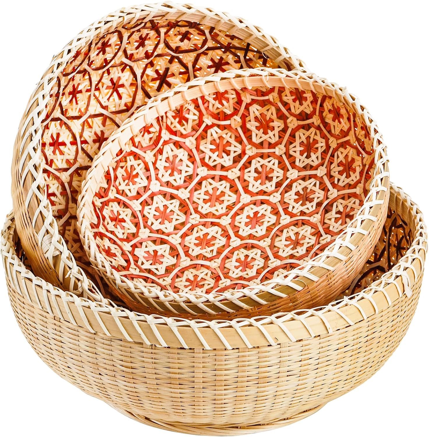 Set of 3 Wicker Woven Storage Basket, Bamboo Bread Basket Round Rattan Serving Basket Farmhouse Decor for Fruits, Vegetables, Potatoes, Stackable 9 6"/8"/7"